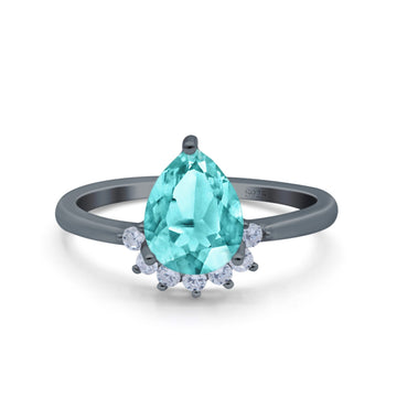 Teardrop Art Deco Pear Engagement Ring Black Tone, Simulated Paraiba Tourmaline CZ 925 Sterling Silver